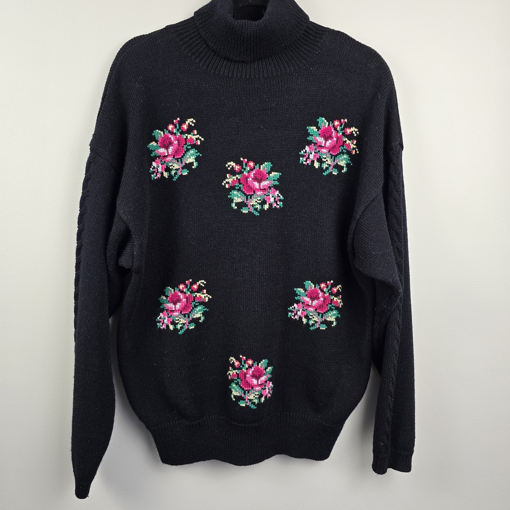 Vintage Chinawear Knit Sweater  Cross Stitch Rose Print Cottagecore  Size XL